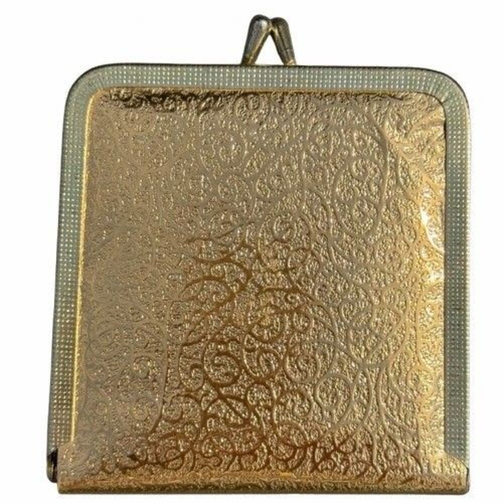 Vintage Gold Filigree Double Purse Mirror Kiss Lock Clasp Mid Century